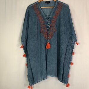 Fig & Vine Woman’s Embroidered Tassels Blue/Orange Tunic Size 1X
